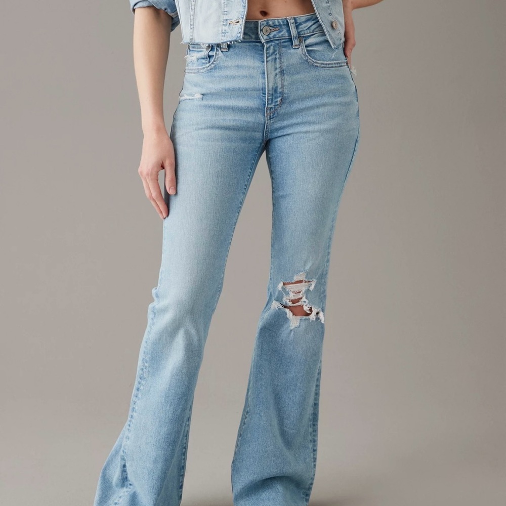 AE Next Level Flare Women's Light Blue Distressed Jeans